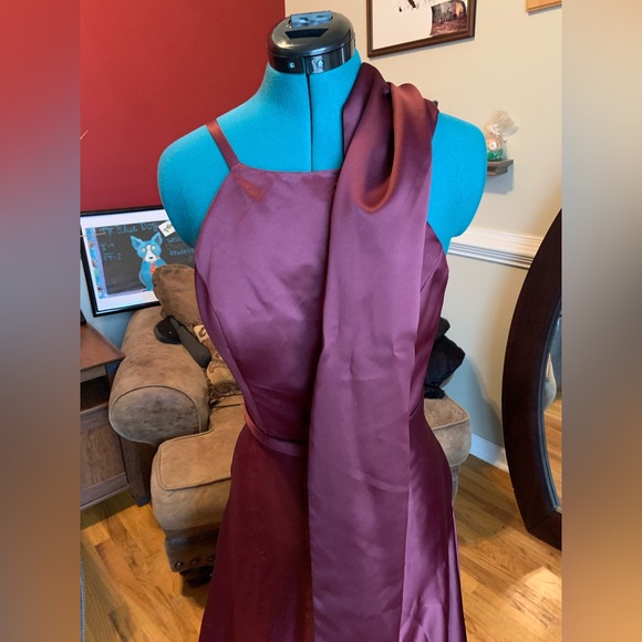 Morilee David’s Bridal Wine Satin High-neck A-Line Bridesmaids Dress - Picture 3 of 10